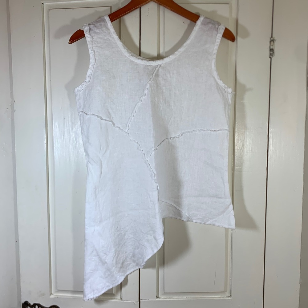 Bodil Boho Coastal White Linen Asymmetrical Raw Edge Tank Top XS Made in USA